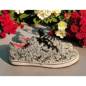 Women's Vans Black White Paisley Canvas Shoes Flower Sneakers Size 6.5